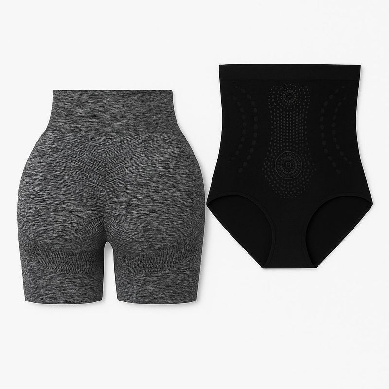 Combo de 3 cinturones y 1 pantalón corto de yoga negro.